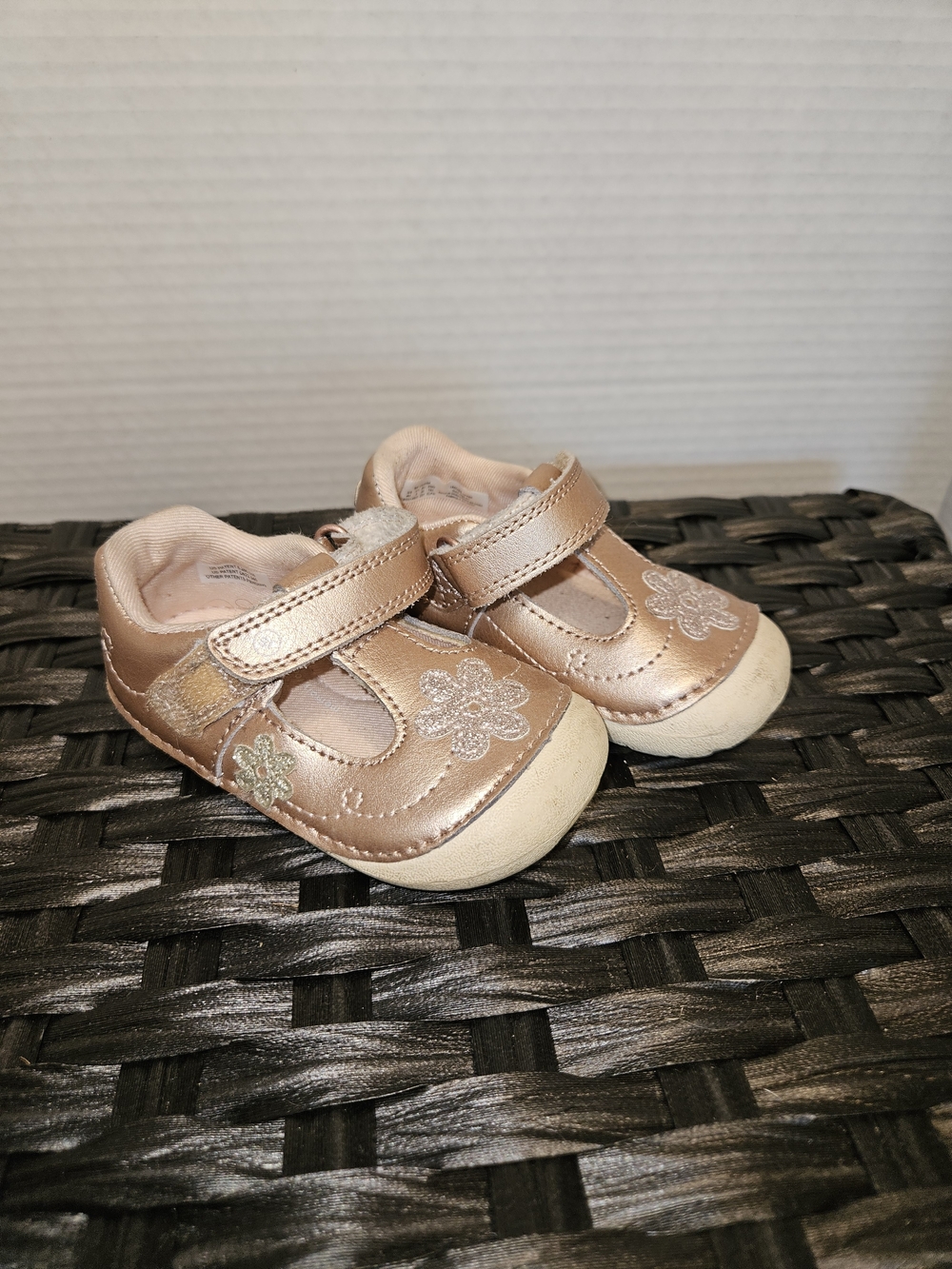 Stride Rite Metallic Rose Gold T-Strap Baby Shoes with Floral Applique